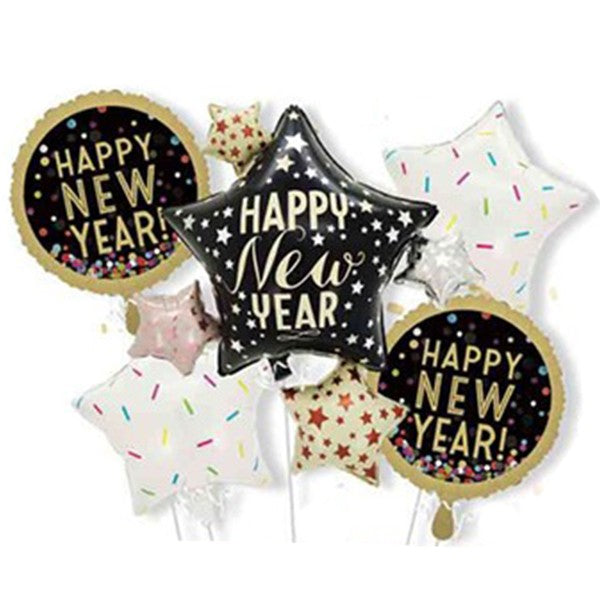 Baloane pentru aniversare, ANGELBEAR, tematica Happy New Year, set 9 baloane, 1 Stea Mare 83 x 90 cm, 6 stele, 2 rotunde, din folie de aluminiu, pai de carton inclus, Negru